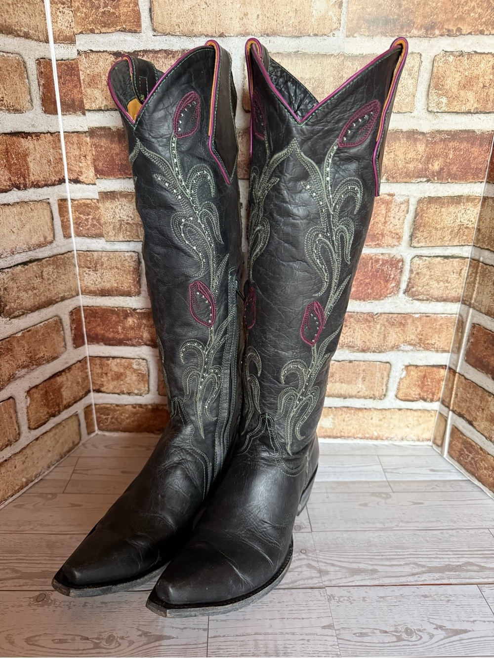 Old Gringo Black Knee height Mayra Embroidered Western Boots with Pink Trim